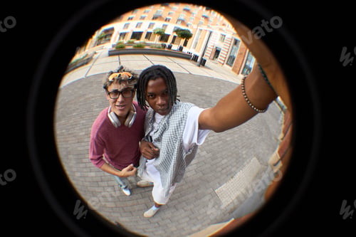 Vista previa: Portrait of Young Multiethnic Men Smiling and Taking Selfie Outdoors