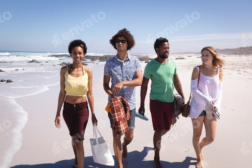 Preview: Group of friends walking side by side on the beach and smiling