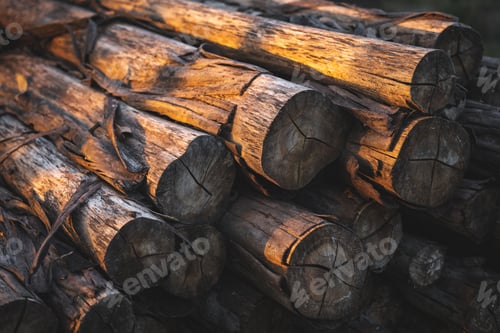 Preview: round wooden logs outside on the ground cut up ready for fire during sunset with no people around