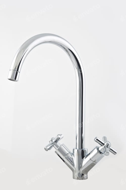Preview: Modern steel faucets, for the kitchen sink. Isolated on white background.