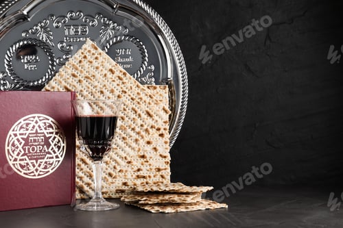 Preview: Symbolic Pesach (Passover Seder) items on black table, space for text
