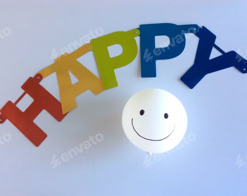 Preview: Happy banner @ a happy face drawn on a ballon. Emotions & celebrations.