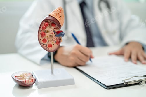 Preview: Kidney disease, Chronic kidney disease ckd, Doctor with human model to study anatomy and treat.