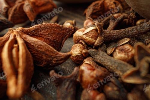 Preview: Heap of clove spice and anise stars on wooden table