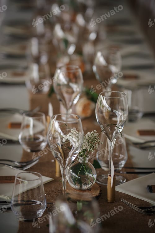 Preview: Outdoor catering dinner at the wedding with homemade garnishes decoration