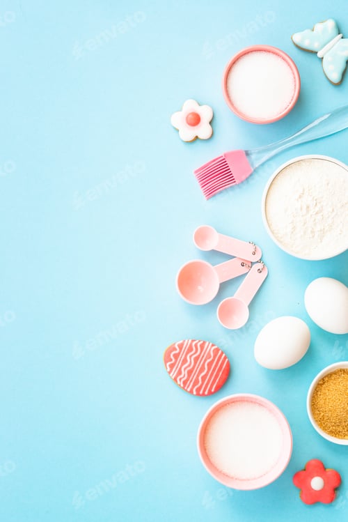 Preview: Easter baking background at blue flat lay.