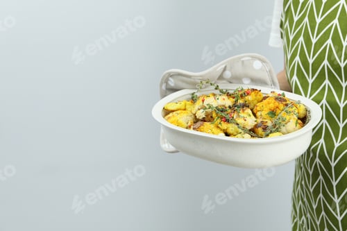 Preview: Woman holds baking tray with baked cauliflower