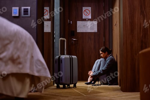 Preview: Tired entrepreneur sitting on the floor in hotel room during her business travel.