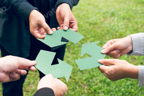 Preview: People holding recycle symbol against green spring background. Earth day holiday concept.