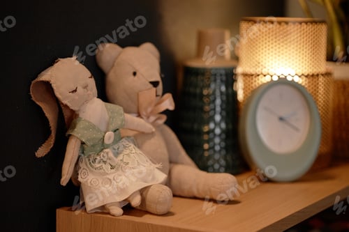 Preview: Cute Soft Bunny Toy on Shelf next to Teddy Bear in Kids Bedroom