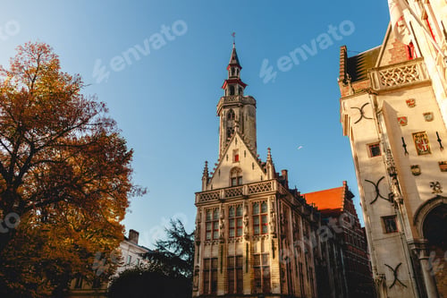 Preview: beautiful architecture of old buildings at historical quarter of brugge, belgium