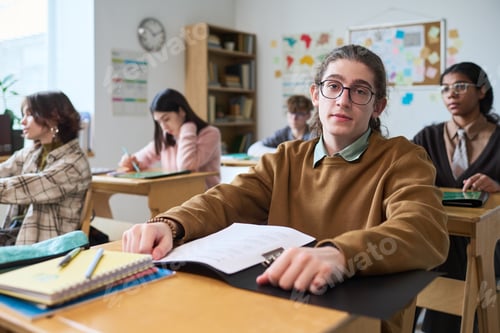 Preview: Students Studying Together in Classroom at Desks
