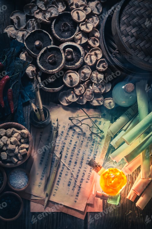 Preview: Old scrolls and recipe in vintage research lab