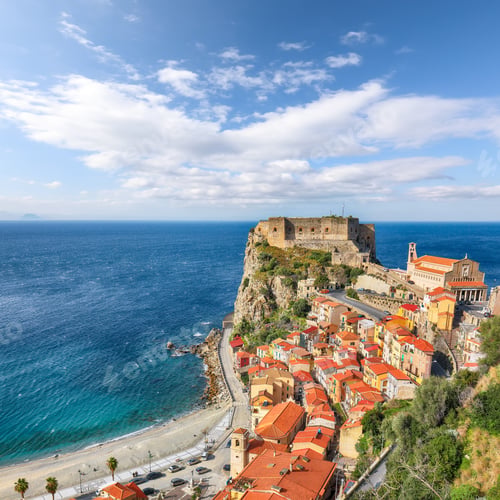 Preview: Awesome seaside and village Scilla with old medieval castle on rock Castello Ruffo