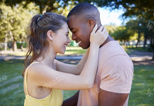 Preview: Smile, love and interracial couple at a park date with diversity, summer celebration and valentines