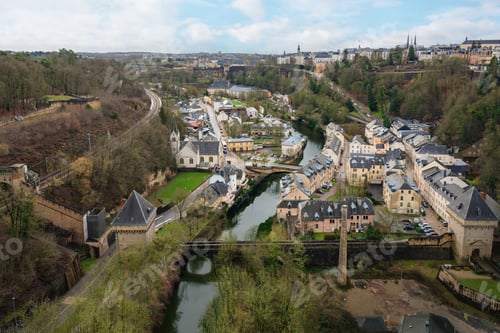 Preview: Aerial view of Luxembourg with Alzette River and Vauban Towers - Luxembourg City, Luxembourg
