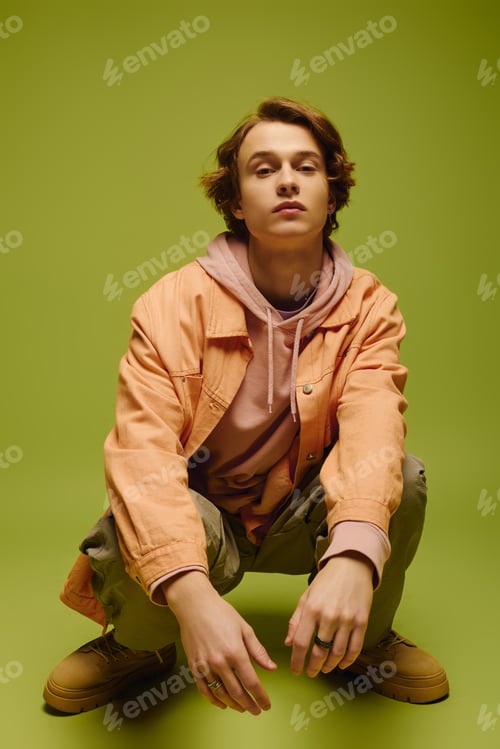Preview: Young man showcasing modern street style while posing confidently in a vibrant studio setting