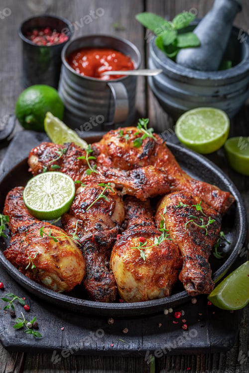 Preview: Spicy roasted chicken leg on metal grill plate.
