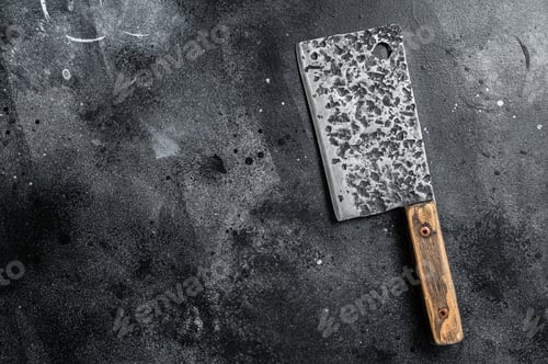 Preview: Vintage butcher meat cleaver with cloth towel. Black background. Top view. Copy space
