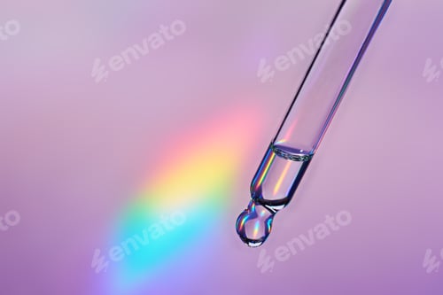 Preview: Pipette with cosmetic product on holographic background, iridescent highlights, selective focus