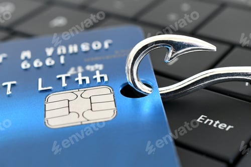 Preview: Beware of Phishing Scam Emails - Concept credit card on a fishing hook on computer keyboard