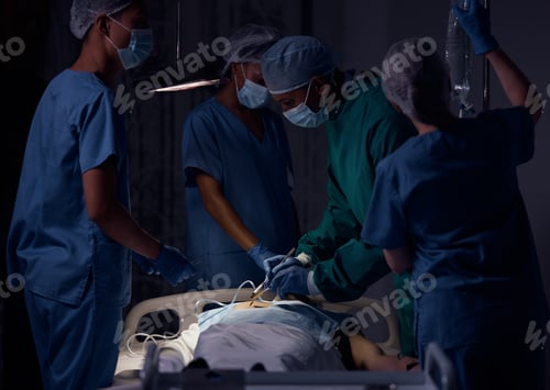 Preview: Hospital surgery, teamwork and surgeon operation, emergency service or helping patient in healthcar