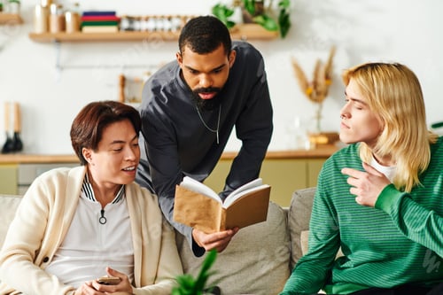 Preview: Young men engaged in thoughtful discussions at a cozy book club gathering at home
