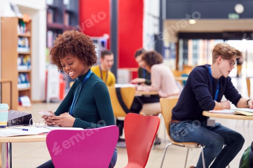 Preview: Communal Area Of Busy College Campus With Students Working At Tables