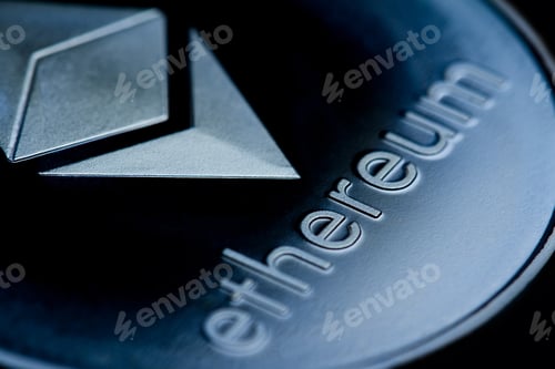 Preview: close up of on a blue coin ethereum logo