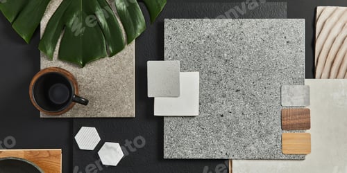 Preview: Flat lay composition of creative black architect moodboard