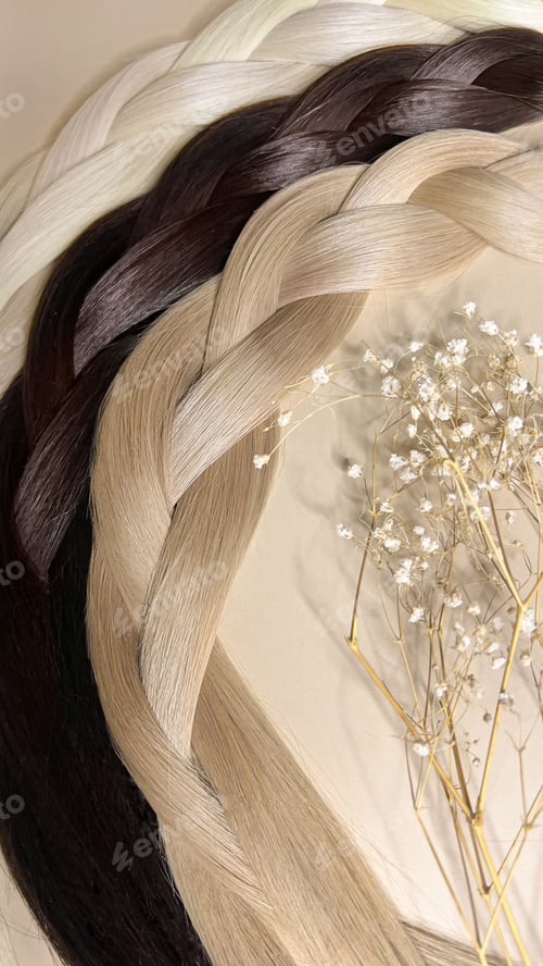 Preview: Strands of natural hair of different colors for extensions. Hair color palette