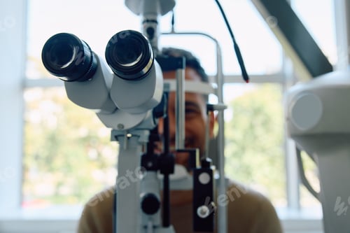 Preview: Close up of eye test vision of a patient at ophthalmologist's office.