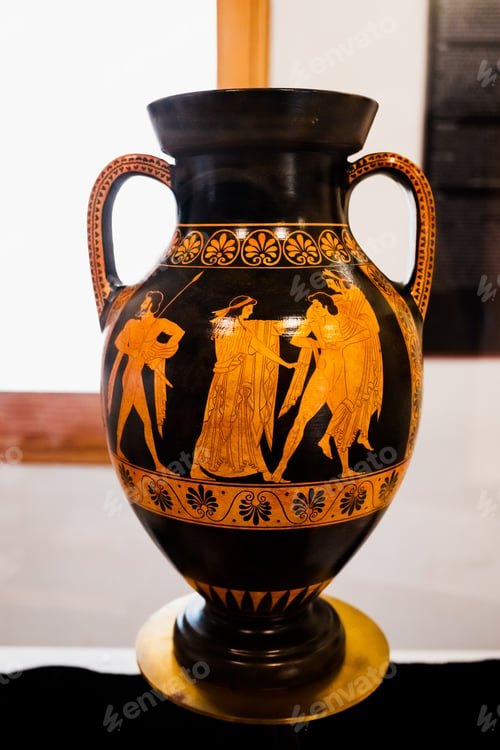Preview: Greek style vessel decorated with ancient mythological legends of gods.