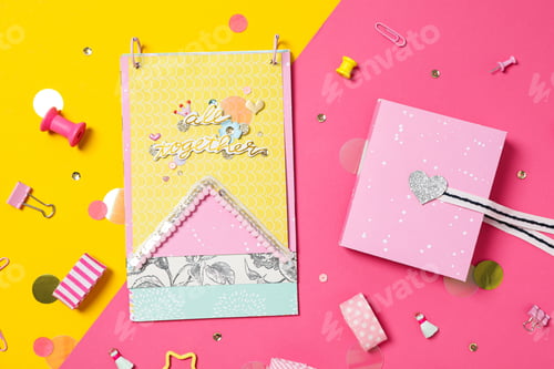 Preview: Scrapbooking, on a light background, flat lay.