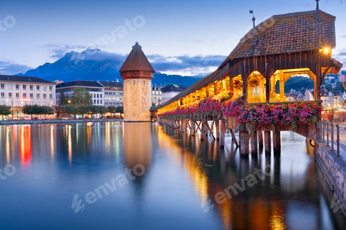 Preview: Lucerne, Switzerland on the Reuss River at Blue Hour