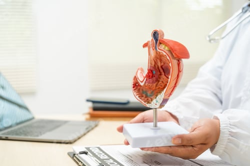 Preview: A female doctor a hospital desk discussing digestive disorders such as stomach ulcers,acid reflux