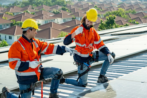 Preview: Engineer working setup Solar panel at the roof top. Engineer or worker work on solar panels or solar