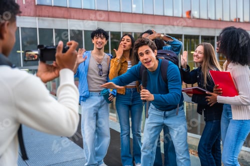 Preview: Diverse students filming video blog at university campus