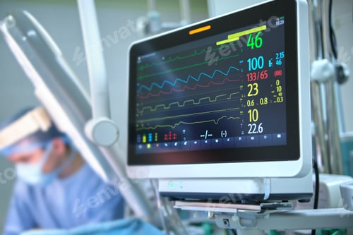 Preview: Heart rate and patient condition control monitor in hospital theater room during surgery operation