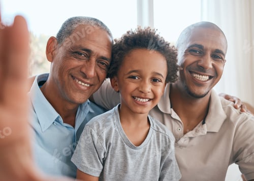 Preview: Selfie portrait, grandfather and kid with dad in home living room, bonding or having fun. Family, h