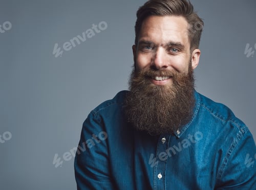 Preview: Close up on smiling male in denim shirt and beard