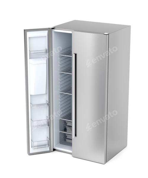 Preview: Sleek Silver Refrigerator with Door Ajar on White
