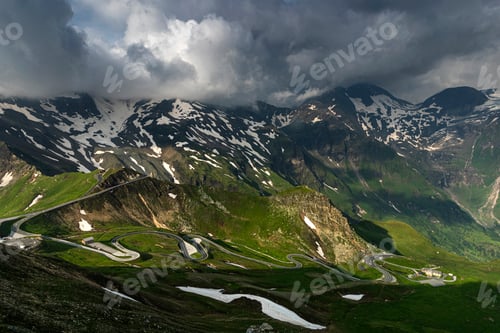 Preview: Grossglockner in Austria. Alpine Mountains Dramatic Landscape and Curvy Winding Road at Summer.