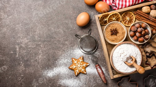 Preview: Christmas background. Table for holiday baking cookies with ingredients