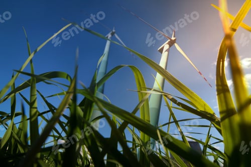 Preview: Wind turbine for electricity generation, view from grass with sunshine, ecological concept