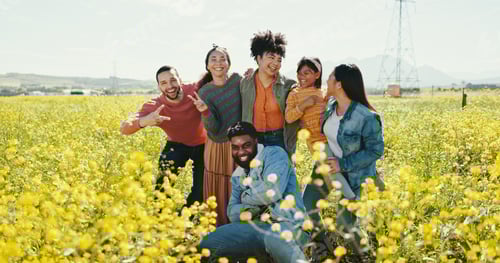 Preview: Portrait of family, friends and child in park together for summer holiday, travel or vacation. Emoj