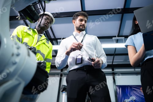 Preview: Technicians are introducing industrial hand robots to businessperson of factory industry