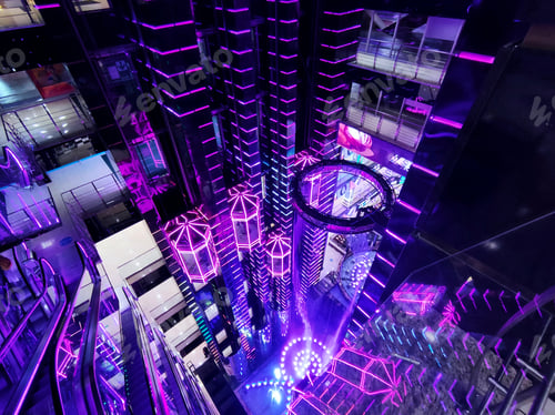 Preview: view of the interior of the shopping center made in high-tech style with neon decor