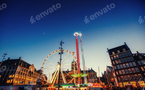 Preview: amusement park carousel. Beautiful night lighting. A fairy tale for children