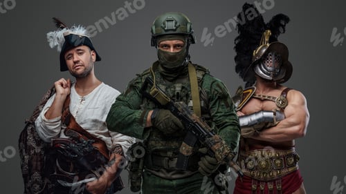 Preview: Modern soldier with medieval pirate and gladiator on his sides